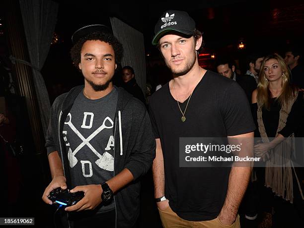 Connor Cruise and actor Alex Pettyfer attend the Assasin's Creed IV Black Flag Launch Party at Greystone Manor Supperclub on October 22, 2013 in West...