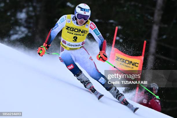 Norway's Henrik Kristoffersen competes in the first run of the men's Giant Slalom, during the FIS Alpine Ski World Cup in Alta Badia on December 18,...