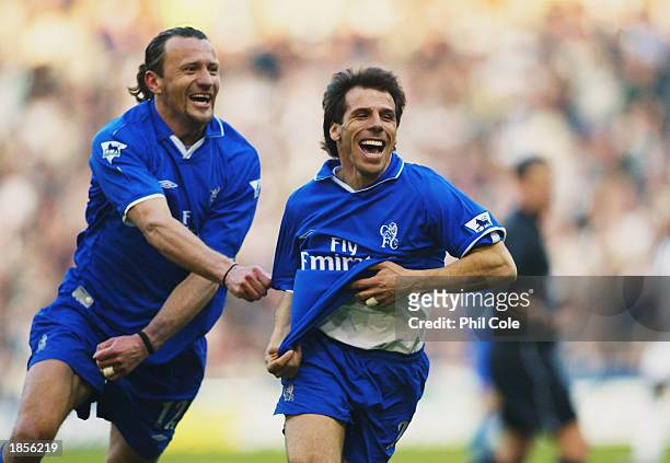 Gianfranco Zola of Chelsea celebrates scoring the second goal with team-mate Mario Stanic during the FA Barclaycard Premiership match between West...