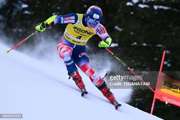 Croatia's Filip Zubcic competes in the first run of the men's Giant Slalom, during the FIS Alpine Ski World Cup in Alta Badia on December 18, 2023.
