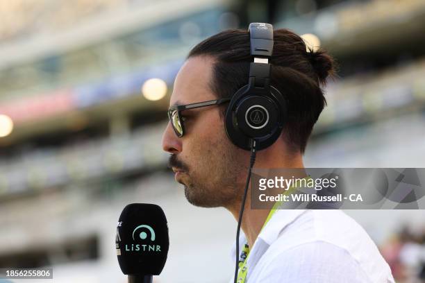 Former Australian bowler Mitchell Johnson is interviewed prior to the start of day two of the Men's First Test match between Australia and Pakistan...