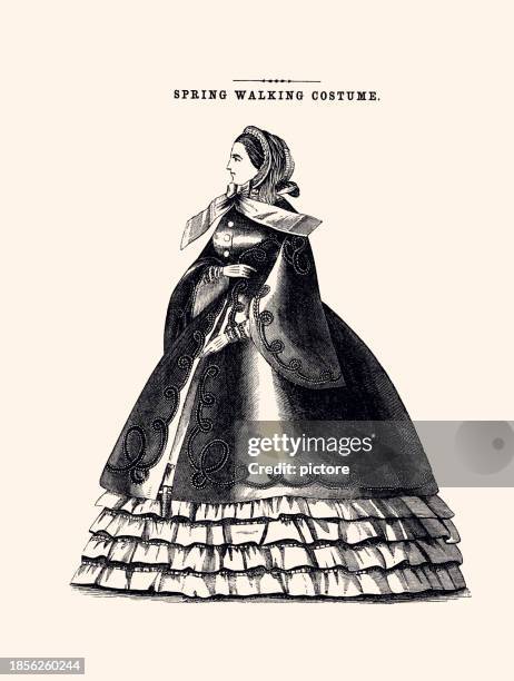stockillustraties, clipart, cartoons en iconen met pretty young woman in crinoline, mid 19th century - 1850 1859