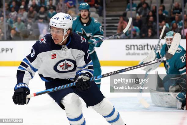 Morgan Barron of the Winnipeg Jets in action against the San Jose Sharks at SAP Center on December 12, 2023 in San Jose, California.