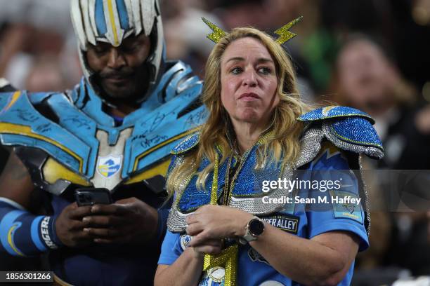 Los Angeles Chargers fans react against the Las Vegas Raiders during the second quarter at Allegiant Stadium on December 14, 2023 in Las Vegas,...