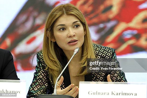 Dr. Gulnara Karimova Chairwoman of the Fund Forum Board of Trustees attends a press conference during Style.Uz Art Week at The Youth Art Palace on...