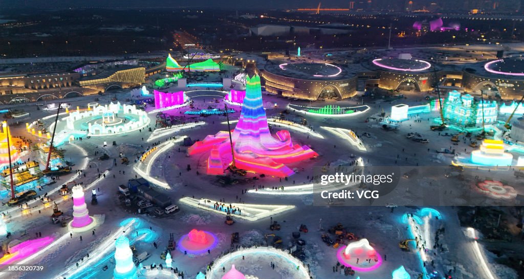 Harbin Ropv Aerial view of the 25th Harbin Ice and Snow World under construction ...