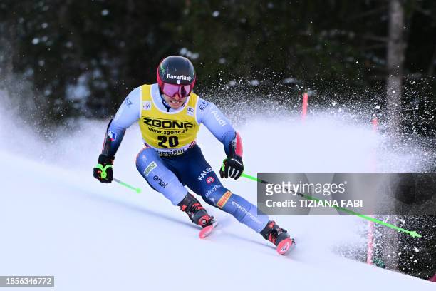 Italy's Giovanni Borsotti competes in the first run of the men's Giant Slalom, during the FIS Alpine Ski World Cup in Alta Badia on December 18, 2023.