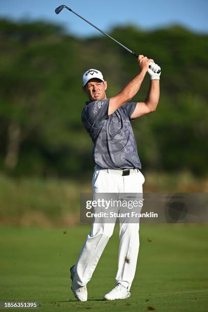 Jaco van Zyl of South Africa plays their shot on the 1st hole on Day Two of the AfrAsia Bank Mauritius Open 2024 at Heritage La Reserve Golf Club on...