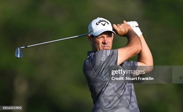 Jaco van Zyl of South Africa plays their shot on the 1st hole on Day Two of the AfrAsia Bank Mauritius Open 2024 at Heritage La Reserve Golf Club on...