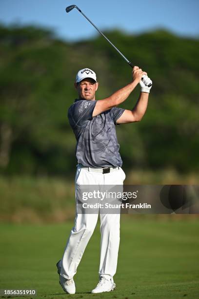 Jaco van Zyl of South Africa plays their shot on the 1st hole on Day Two of the AfrAsia Bank Mauritius Open 2024 at Heritage La Reserve Golf Club on...