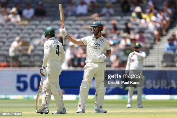 Mitchell Marsh of Australia celebrates after scoring a half century during day two of the Men's First Test match between Australia and Pakistan at...