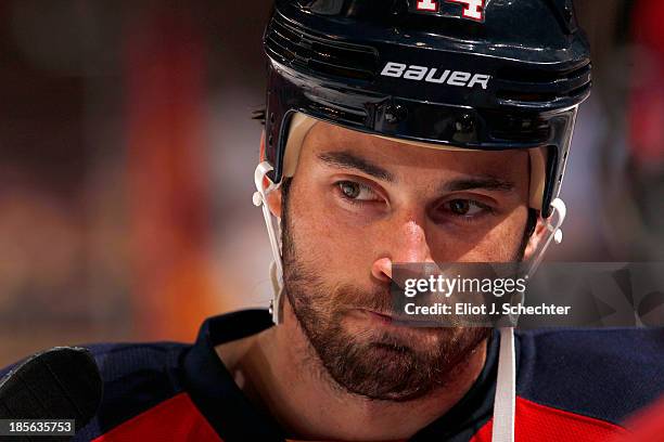 Erik Gudbranson of the Florida Panthers on the ice prior to the start of the game against the Boston Bruins at the BB&T Center on October 17, 2013 in...