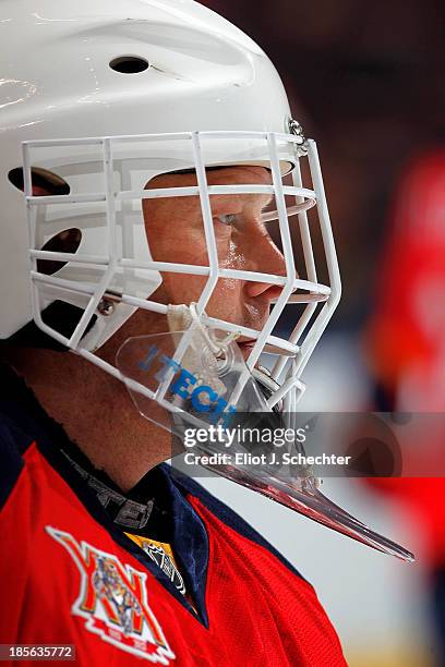 Goaltender Tim Thomas of the Florida Panthers on the ice prior to the start of the game against the Boston Bruins at the BB&T Center on October 17,...