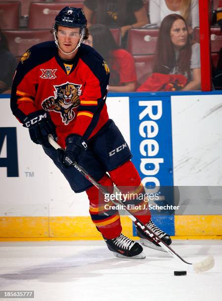 Jonathan Huberdeau of the Florida Panthers skates on the ice prior to the start of the game against the Boston Bruins at the BB&T Center on October...