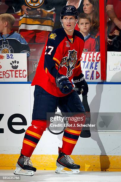 Nick Bjugstad of the Florida Panthers skates on the ice prior to the start of the game against the Boston Bruins at the BB&T Center on October 17,...