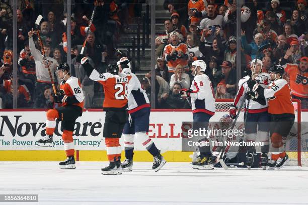 Joel Farabee of the Philadelphia Flyers reacts after scoring during the third period against the Washington Capitals at the Wells Fargo Center on...