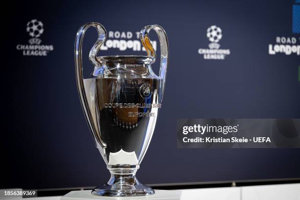 View of the Champions League Trophy ahead of the UEFA Champions League 2023/24 Round of 16 Draw at the UEFA Headquarters, the House of European...