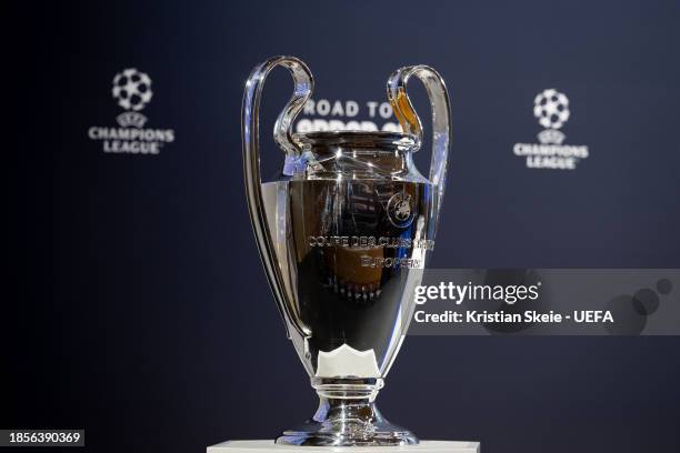 View of the Champions League Trophy ahead of the UEFA Champions League 2023/24 Round of 16 Draw at the UEFA Headquarters, the House of European...