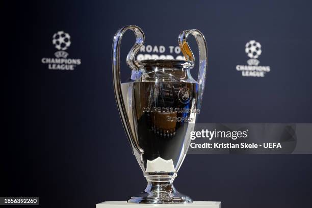 View of the Champions League Trophy ahead of the UEFA Champions League 2023/24 Round of 16 Draw at the UEFA Headquarters, the House of European...