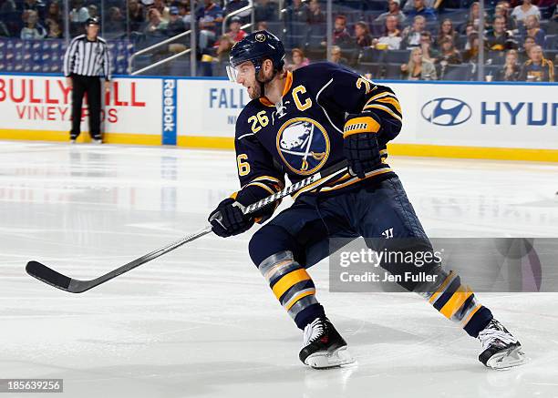 Thomas Vanek of the Buffalo Sabres skates against the Columbus Blue Jackets at First Niagara Center on October 10, 2013 in Buffalo, New York.