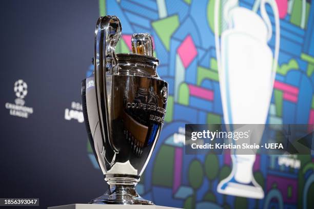 View of the Champions League Trophy ahead of the UEFA Champions League 2023/24 Round of 16 Draw at the UEFA Headquarters, the House of European...