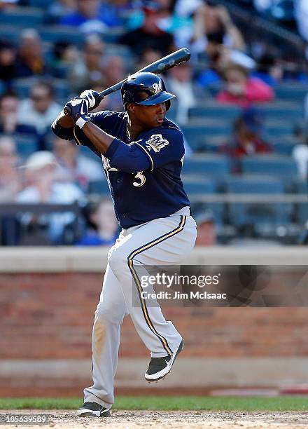 Yuniesky Betancourt of the Milwaukee Brewers in action against the New York Mets at Citi Field on September 29, 2013 in the Flushing neighborhood of...