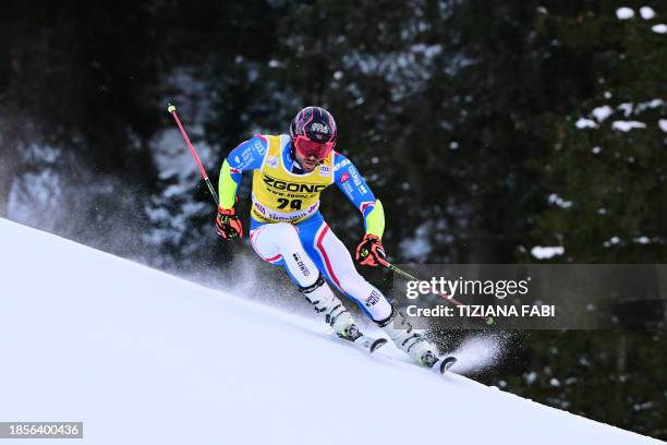 France's Mathieu Faivre competes in the first run of the men's Giant Slalom, during the FIS Alpine Ski World Cup in Alta Badia on December 18, 2023.