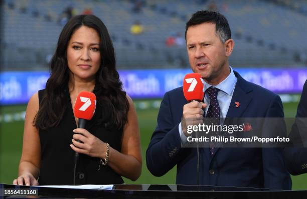 Mel McLaughlin and Ricky Ponting working for Channel 7 befo day two of the Men's First Test match between Australia and Pakistan at Optus Stadium on...