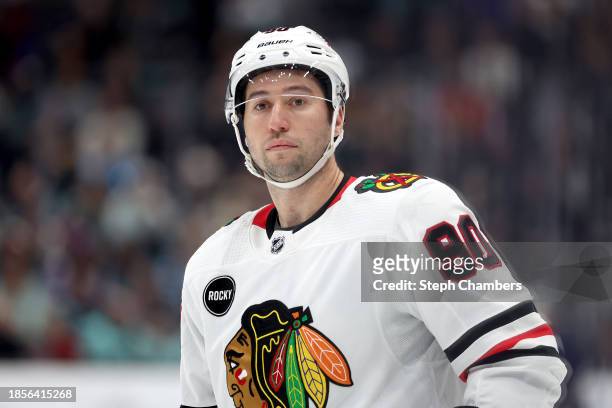 Tyler Johnson of the Chicago Blackhawks skates in his 700th NHL career game against the Seattle Kraken during the first period at Climate Pledge...