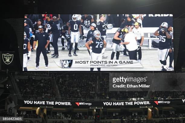 The scoreboard reads 'Most Points in a Game' marking the highest number of points scored by the Las Vegas Raiders in franchise history during an NFL...