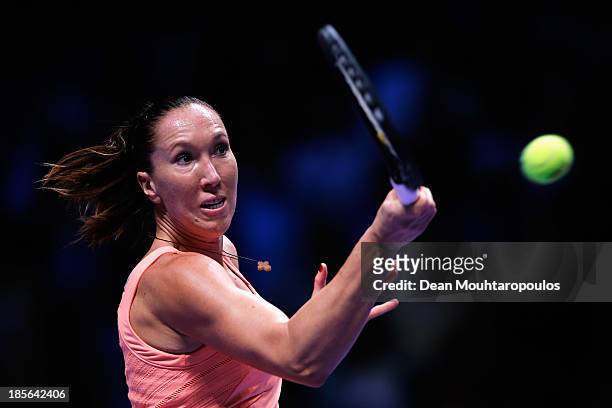 Jelena Jankovic of Serbia returns a forehand to Victoria Azarenka of Belarus during day two of the TEB BNP Paribas WTA Championships at the Sinan...