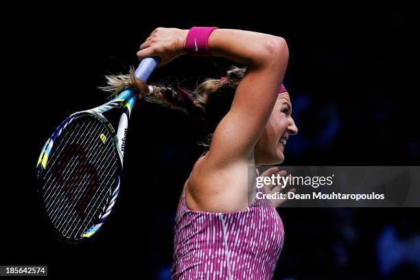 Victoria Azarenka of Belarus returns a forehand to Jelena Jankovic of Serbia during day two of the TEB BNP Paribas WTA Championships at the Sinan...