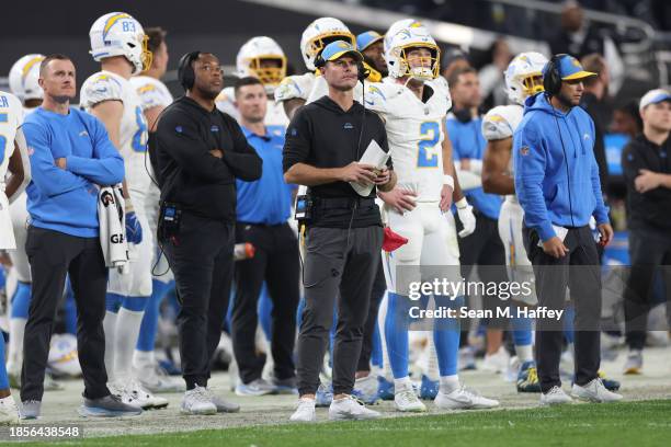 Head coach Brandon Staley of the Los Angeles Chargers looks on from the sideline against the Las Vegas Raiders during the third quarter at Allegiant...