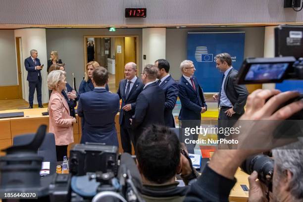 Emmanuel Macron President of the Republic of France at the European Council Summit at the Round Table - Tour de Table meeting room. The French...