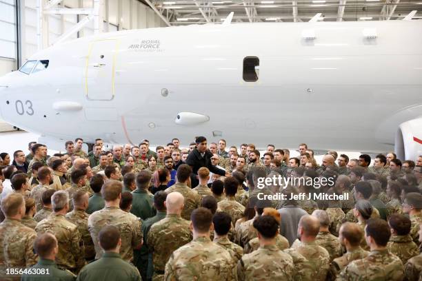 British Prime Minister Rishi Sunak speaks to soldiers at the RAF Lossiemouth in Moray on December 18, 2023 in Lossiemouth, Scotland. The Prime...