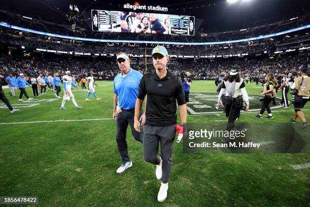 Head coach Brandon Staley of the Los Angeles Chargers walks off of the field after losing to the Las Vegas Raiders, 63-21, at Allegiant Stadium on...