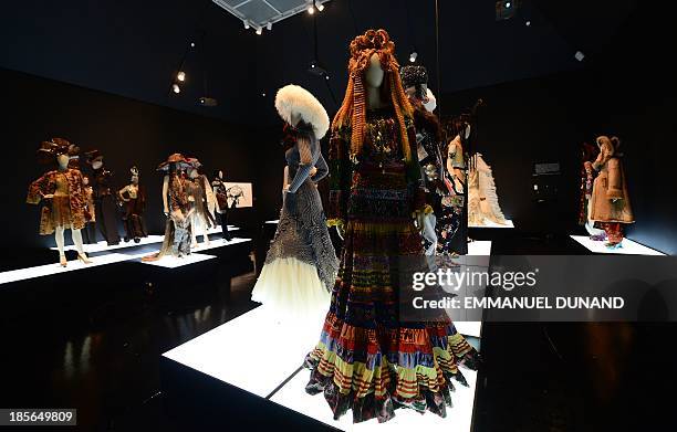 Creations by French fashion designer Jean Paul Gaultier are on display during a press preview of "The Fashion World of Jean Paul Gaultier: From...