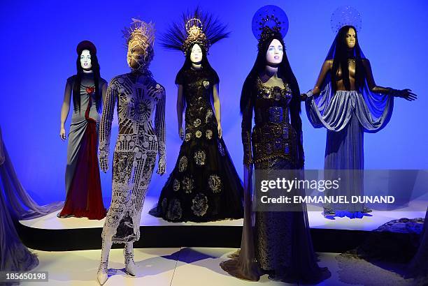 Creations by French fashion designer Jean Paul Gaultier are on display during a press preview of "The Fashion World of Jean Paul Gaultier: From...