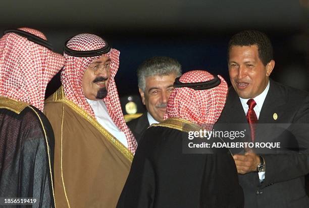 Saudi Arabian Crown Prince Abdullah Bin Abdulaziz Al Saud is welcomed by Venezuelan President Hugo Chavez 26 September after the crown prince arrived...