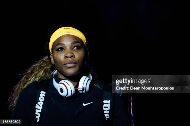 Serena Williams of the United States walks out to face Angieszka Radwanska of Poland during day two of the TEB BNP Paribas WTA Championships at the...