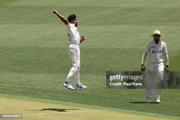 Aamer Jamal of Pakistan celebrates the wicket of Pat Cummins of Australia during day two of the Men's First Test match between Australia and Pakistan...