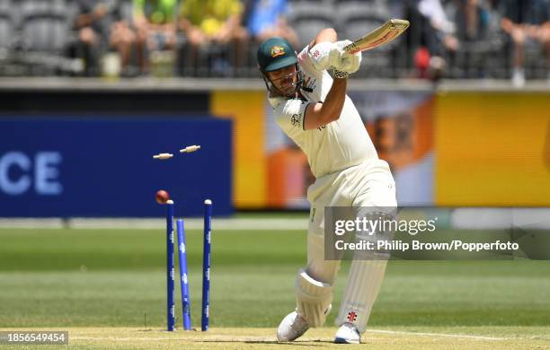 Mitchell Marsh of Australia is bowled by Khurram Shahzad during day two of the Men's First Test match between Australia and Pakistan at Optus Stadium...