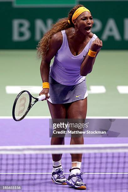 Serena Williams of the United States celebrates match point against Agnieszka Radwanska of Poland during day two of the TEB BNP Paribas WTA...