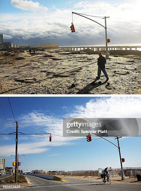 Man walks by the remains of part of the historic boardwalk, after large parts of it were washed away during Hurricane Sandy on October 31, 2012 in...