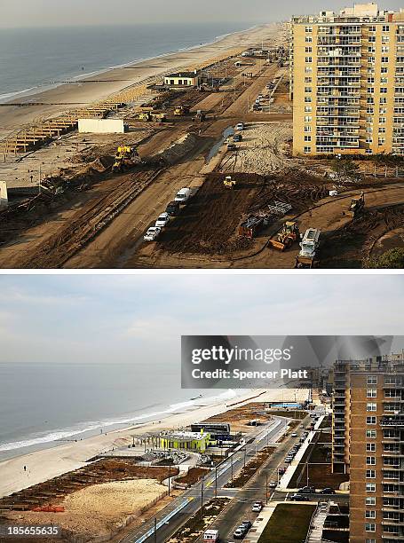 Clean-up continues amongst piles of debris where a large section of the iconic boardwalk was washed away on November 10, 2012 in the Rockaway...