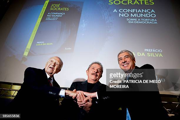 Former Portuguese Prime Minister Jose Socrates , former Brazilian President Lula da Silva and former Portuguese President Mario Soares attend the...