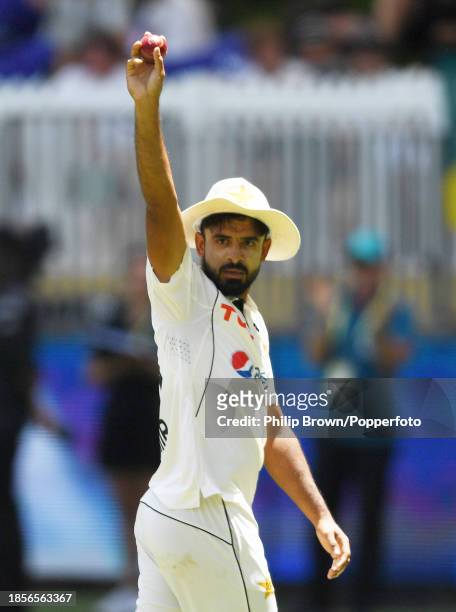 Aamer Jamal reacts after taking sixth match wicket during day two of the Men's First Test match between Australia and Pakistan at Optus Stadium on...