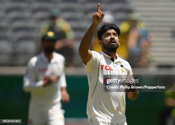 Aamer Jamal of Pakistan reacts after dismissing Nathan Lyon during day two of the Men's First Test match between Australia and Pakistan at Optus...