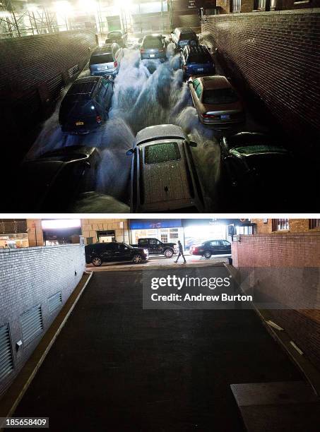 Rising water caused by Superstorm Sandy rushes into a parking garage on October 29, 2012 in New York City. NEW YORK, NY Traffic drives past the...