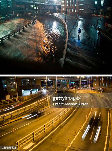 Rising water caused by Superstorm Sandy rushes into the Carey Tunnel October 29, 2012 in New York City. NEW YORK, NY Cars use the Carey Tunnel...